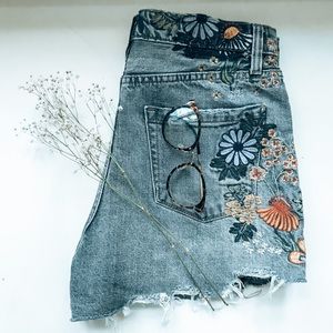 Distressed and Embroidered Denim Shorts